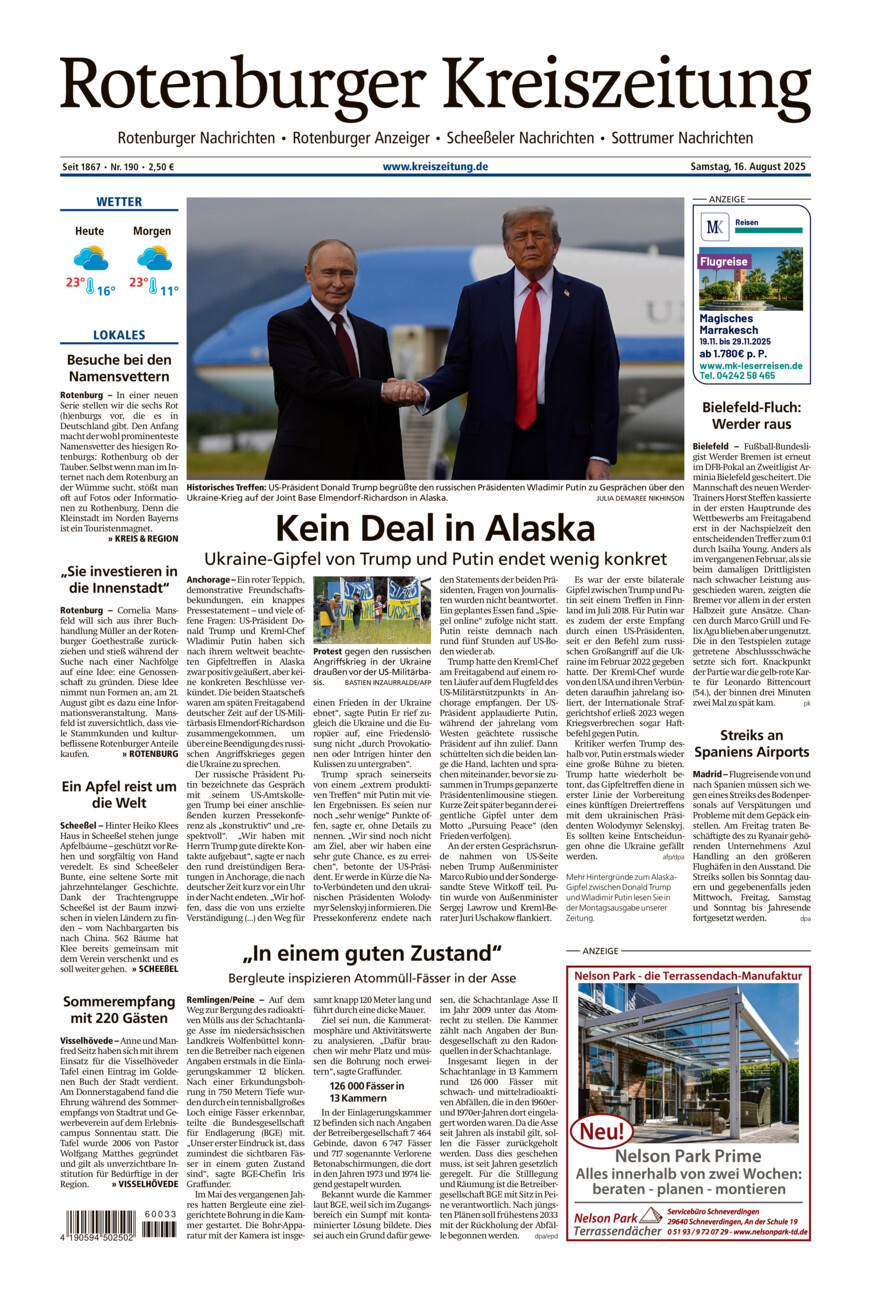 Rotenburger Kreiszeitung/Visselhöveder Nachrichten vom Samstag, 16.08.2025