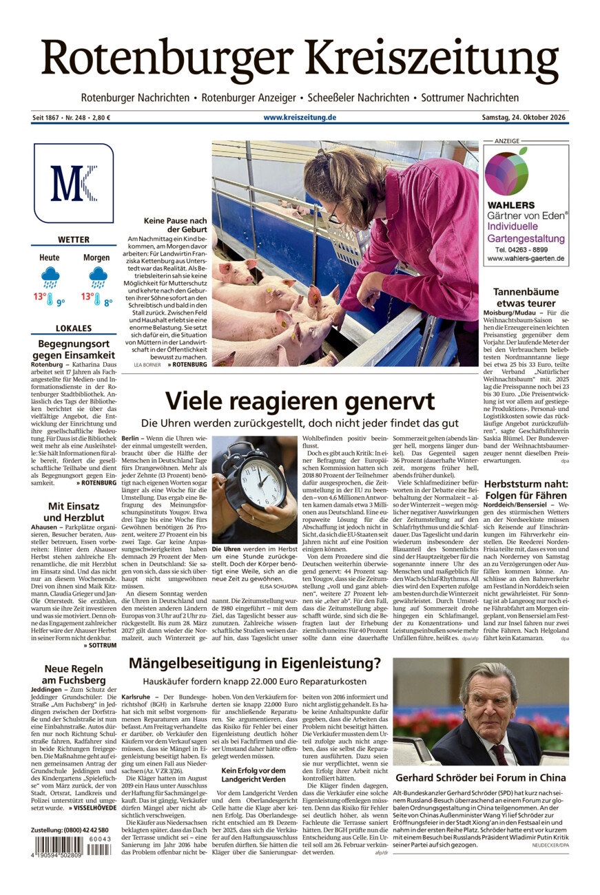 Rotenburger Kreiszeitung/Visselhöveder Nachrichten vom Samstag, 24.10.2026