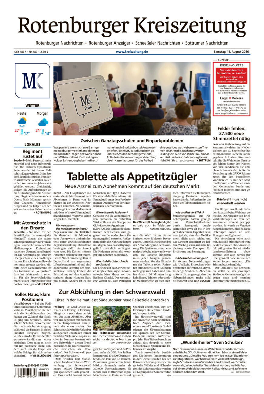 Rotenburger Kreiszeitung/Visselhöveder Nachrichten vom Samstag, 15.08.2026
