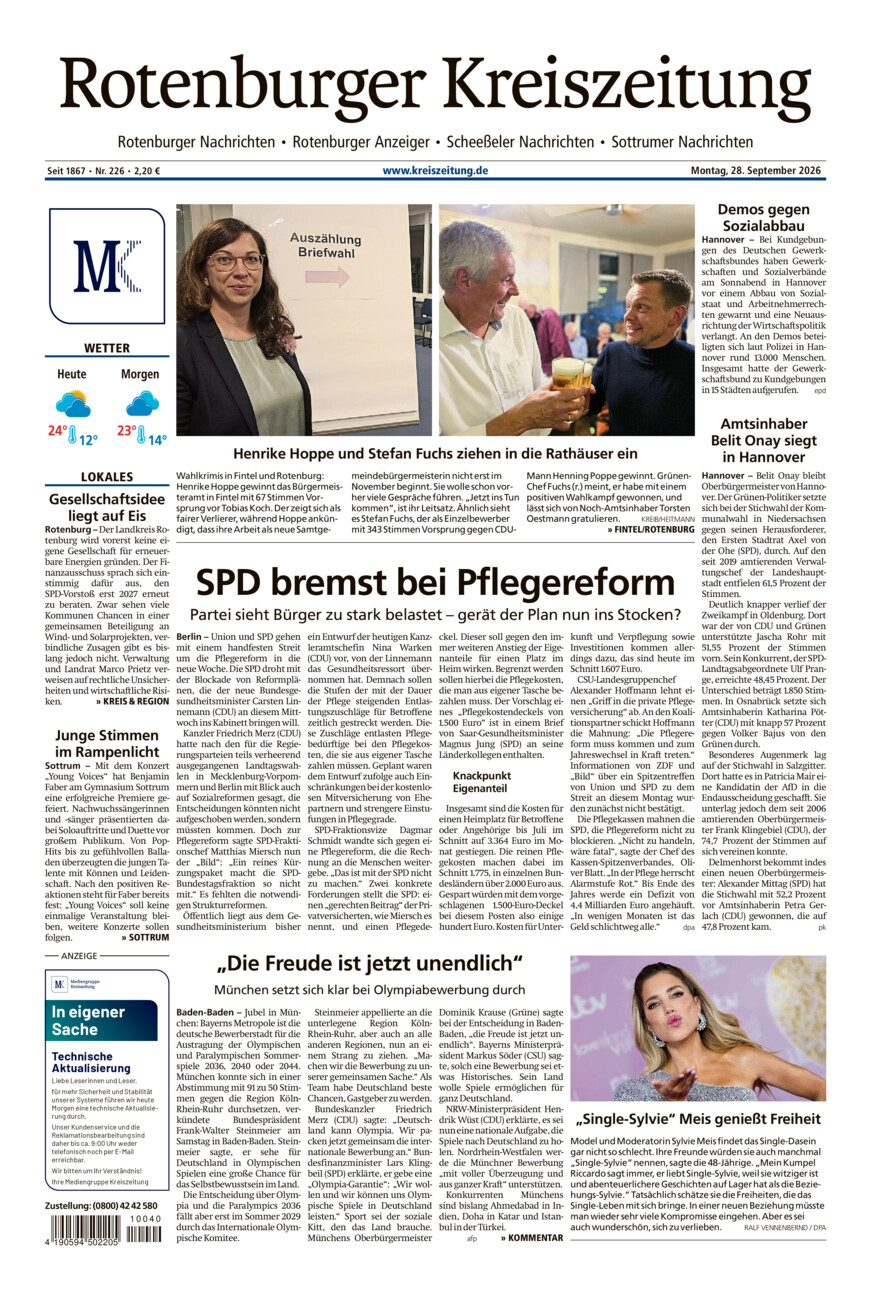 Rotenburger Kreiszeitung/Visselhöveder Nachrichten vom Montag, 28.09.2026
