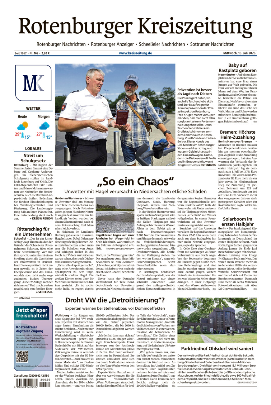 Rotenburger Kreiszeitung/Visselhöveder Nachrichten vom Mittwoch, 15.07.2026