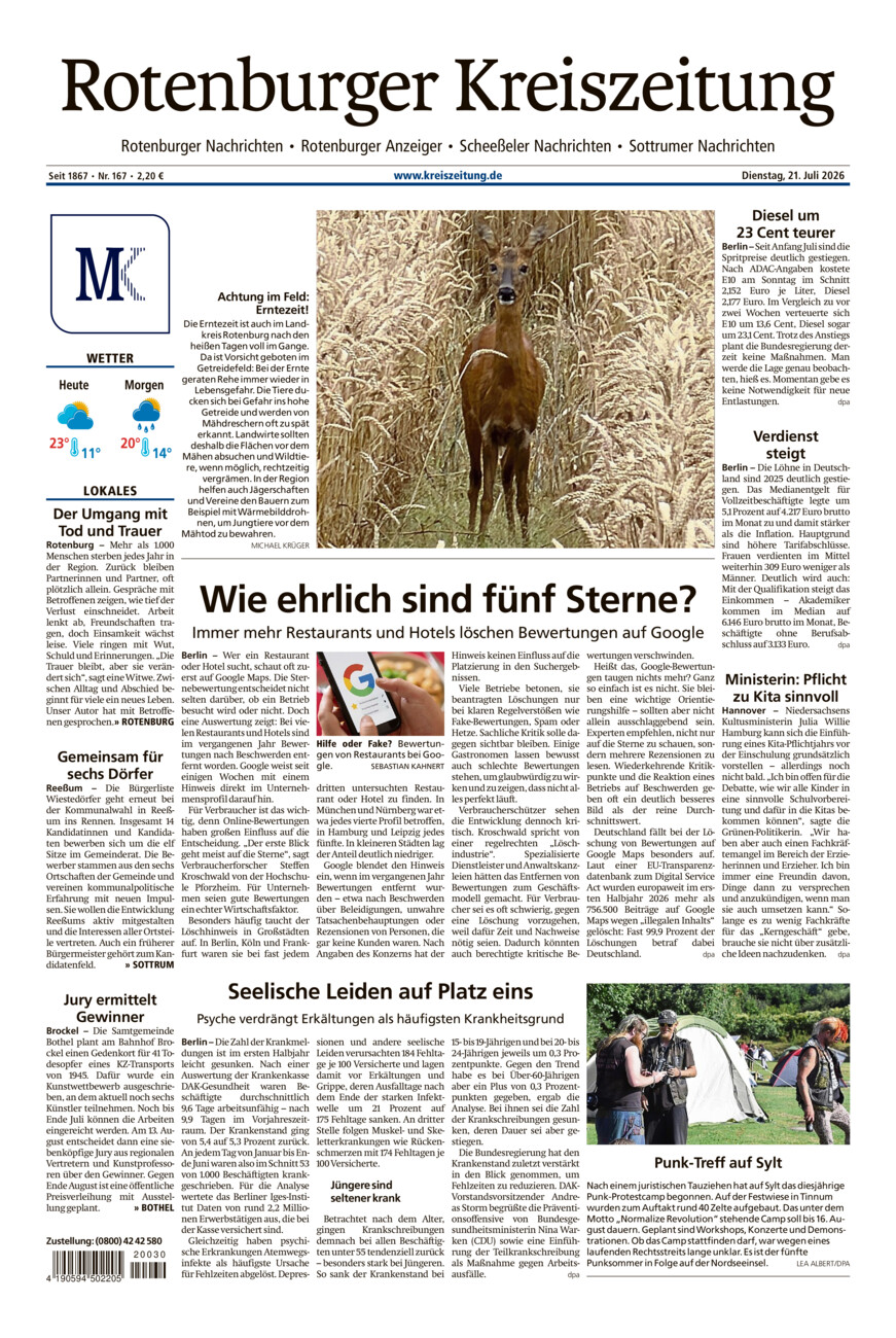 Rotenburger Kreiszeitung/Visselhöveder Nachrichten vom Dienstag, 21.07.2026