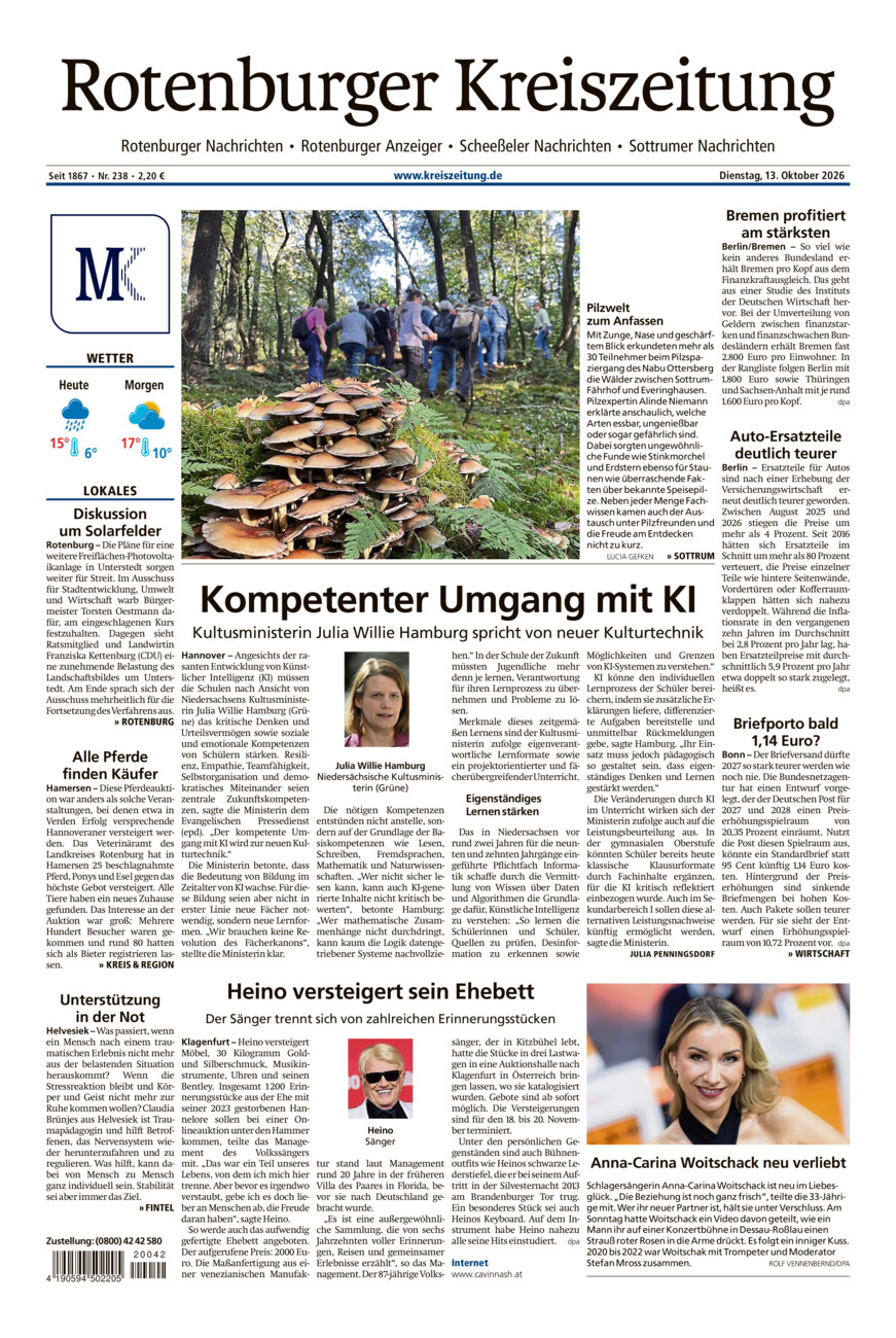 Rotenburger Kreiszeitung/Visselhöveder Nachrichten vom Dienstag, 13.10.2026