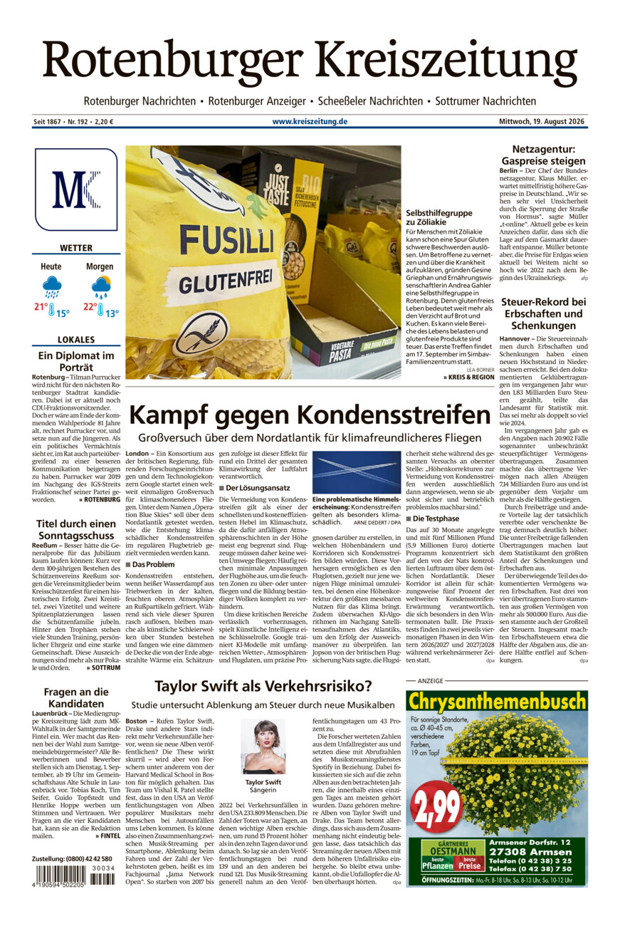 Rotenburger Kreiszeitung/Visselhöveder Nachrichten vom Mittwoch, 19.08.2026