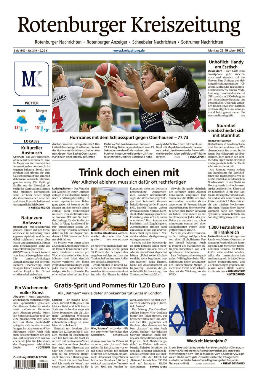 Rotenburger Kreiszeitung/Visselhöveder Nachrichten vom Montag, 26.10.2026