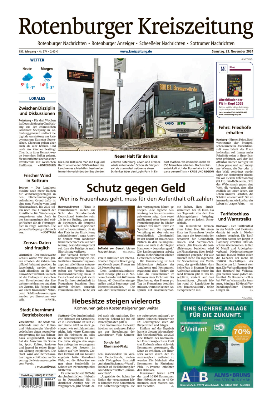 Rotenburger Kreiszeitung/Visselhöveder Nachrichten vom Samstag, 23.11.2024