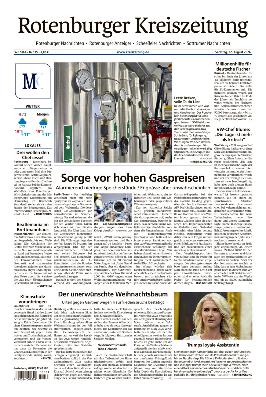 Rotenburger Kreiszeitung/Visselhöveder Nachrichten vom Samstag, 22.08.2026