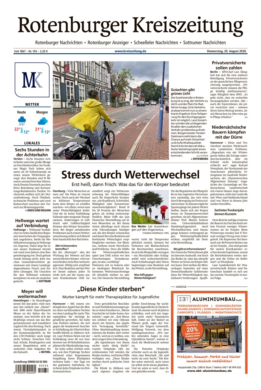Rotenburger Kreiszeitung/Visselhöveder Nachrichten vom Donnerstag, 20.08.2026