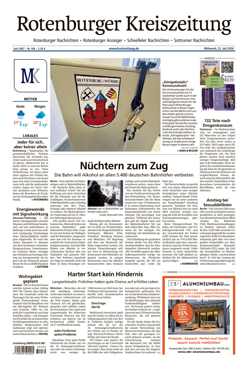 Rotenburger Kreiszeitung/Visselhöveder Nachrichten vom Mittwoch, 22.07.2026