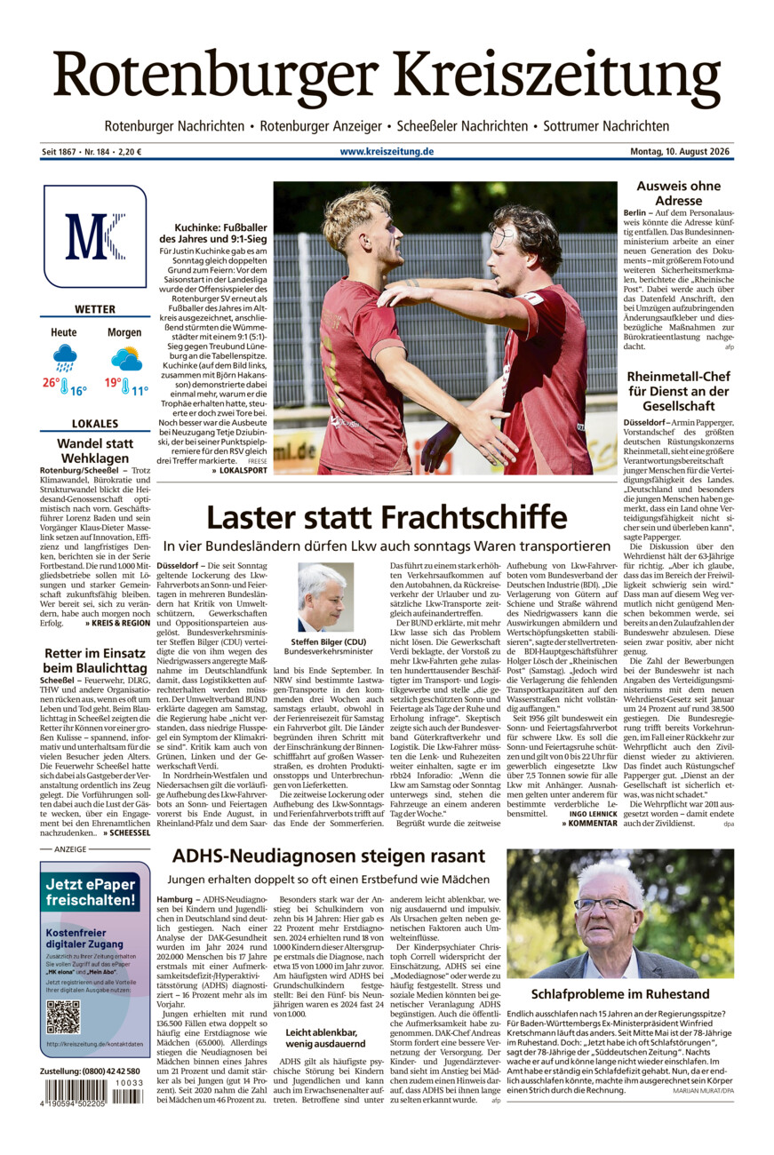 Rotenburger Kreiszeitung/Visselhöveder Nachrichten vom Montag, 10.08.2026
