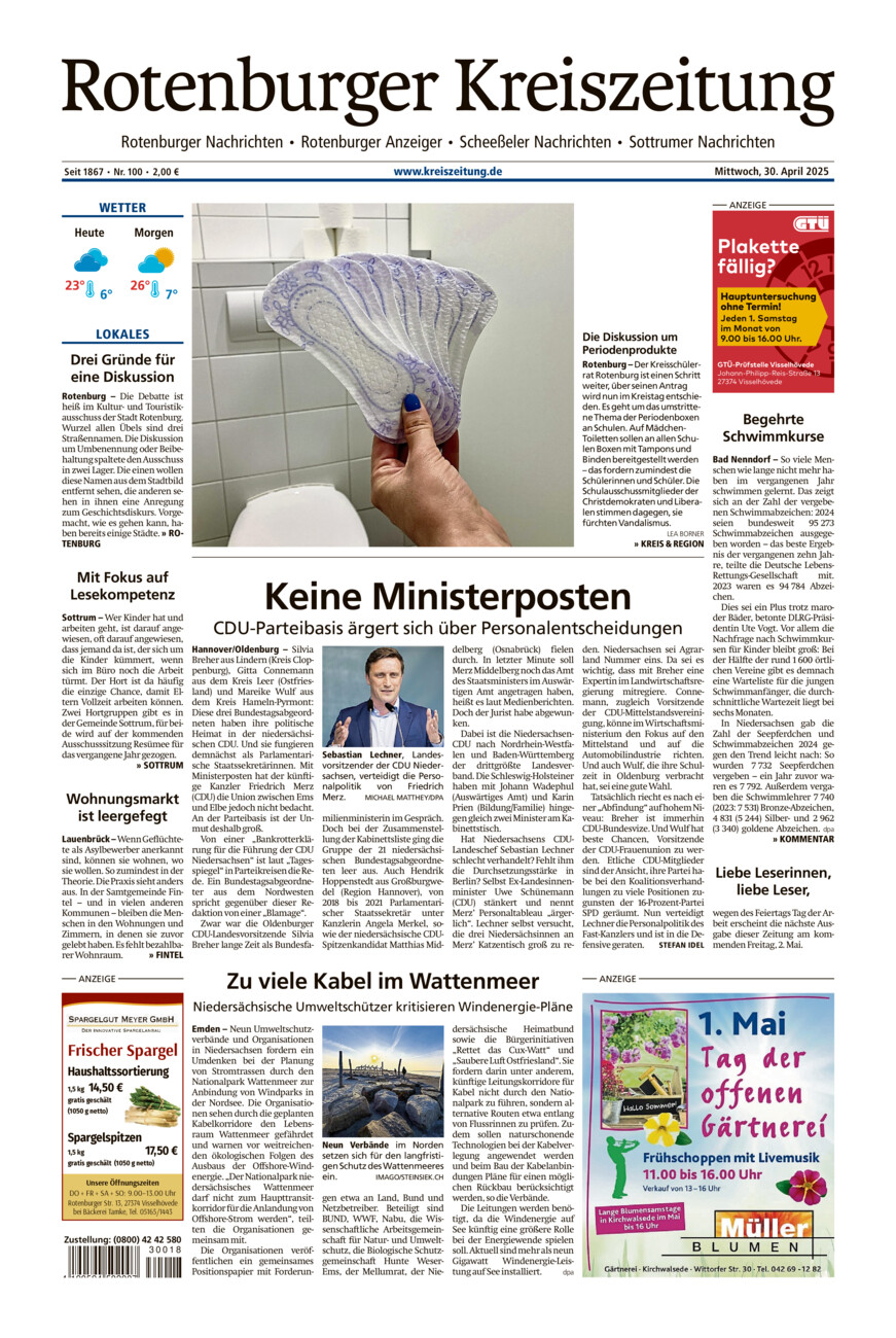 Rotenburger Kreiszeitung/Visselhöveder Nachrichten vom Mittwoch, 30.04.2025