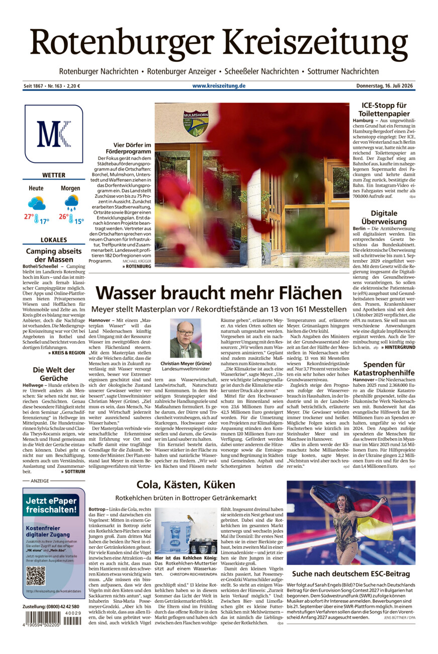 Rotenburger Kreiszeitung/Visselhöveder Nachrichten vom Donnerstag, 16.07.2026