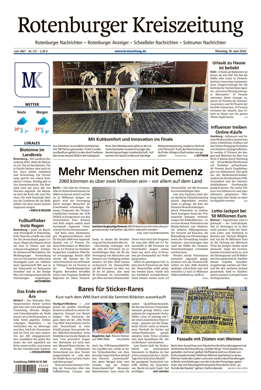 Rotenburger Kreiszeitung/Visselhöveder Nachrichten vom Dienstag, 16.06.2026