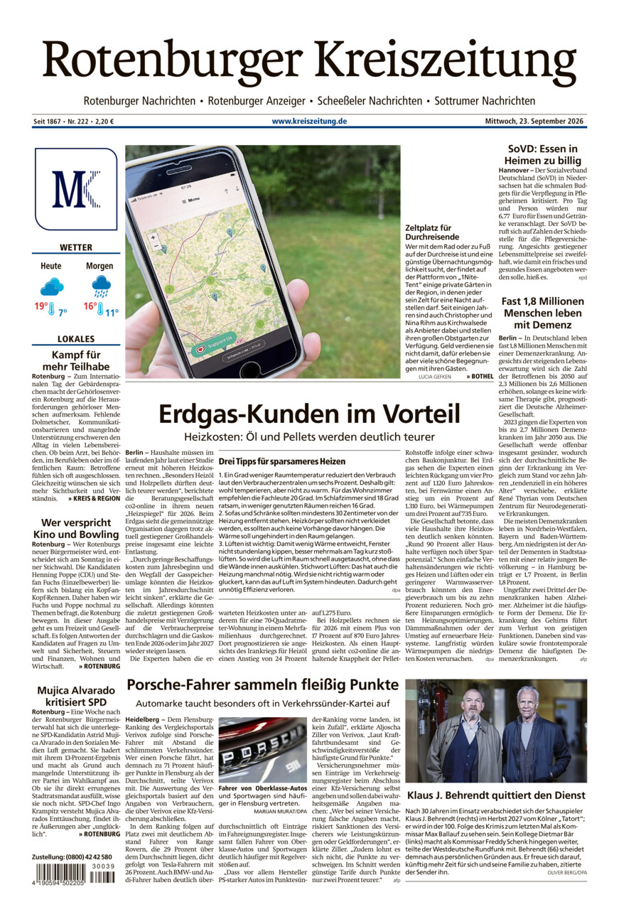 Rotenburger Kreiszeitung/Visselhöveder Nachrichten vom Mittwoch, 23.09.2026