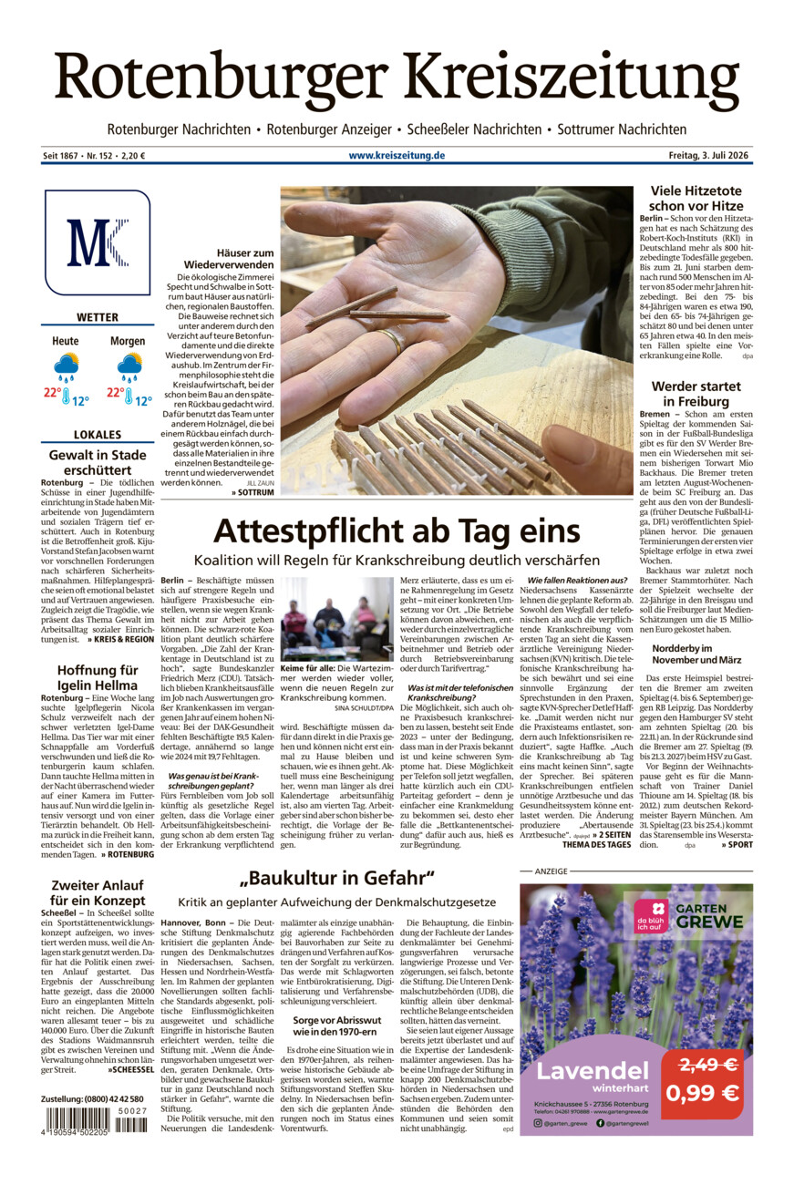 Rotenburger Kreiszeitung/Visselhöveder Nachrichten vom Freitag, 03.07.2026