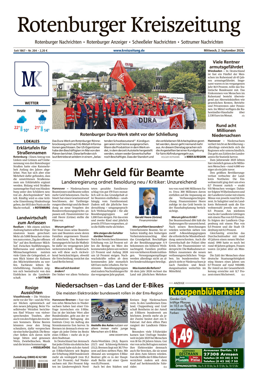 Rotenburger Kreiszeitung/Visselhöveder Nachrichten vom Mittwoch, 02.09.2026