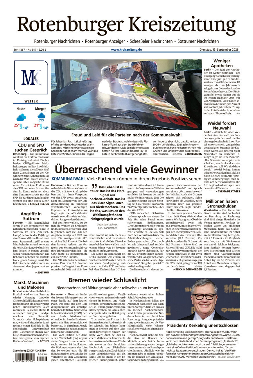 Rotenburger Kreiszeitung/Visselhöveder Nachrichten vom Dienstag, 15.09.2026