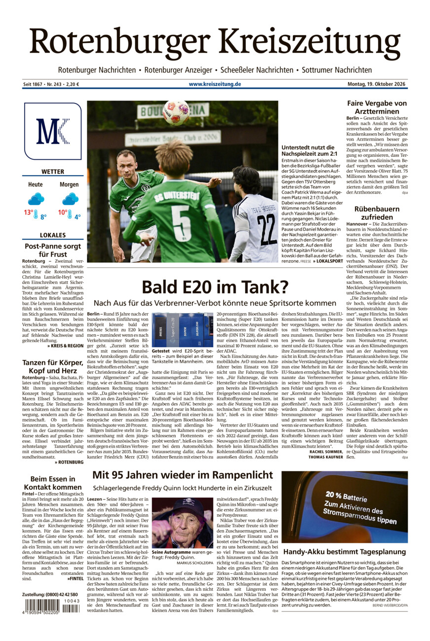 Rotenburger Kreiszeitung/Visselhöveder Nachrichten vom Montag, 19.10.2026