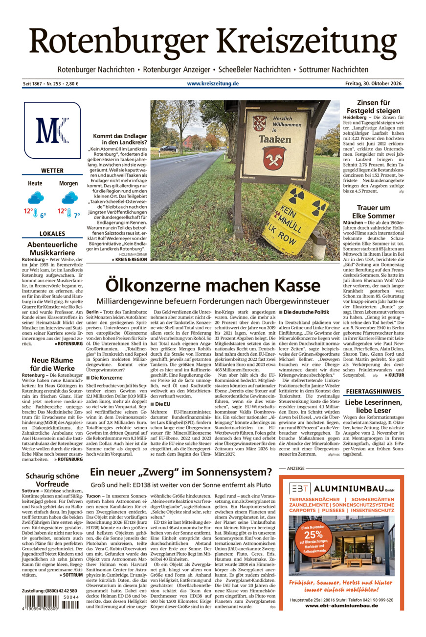 Rotenburger Kreiszeitung/Visselhöveder Nachrichten vom Freitag, 30.10.2026