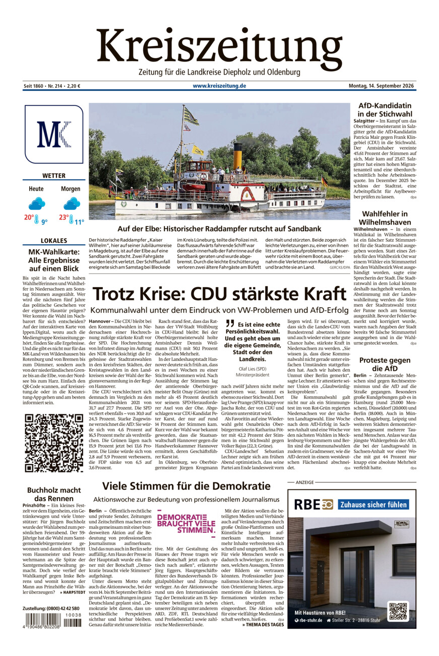 Kreiszeitung Kreis Oldenburg vom Montag, 14.09.2026