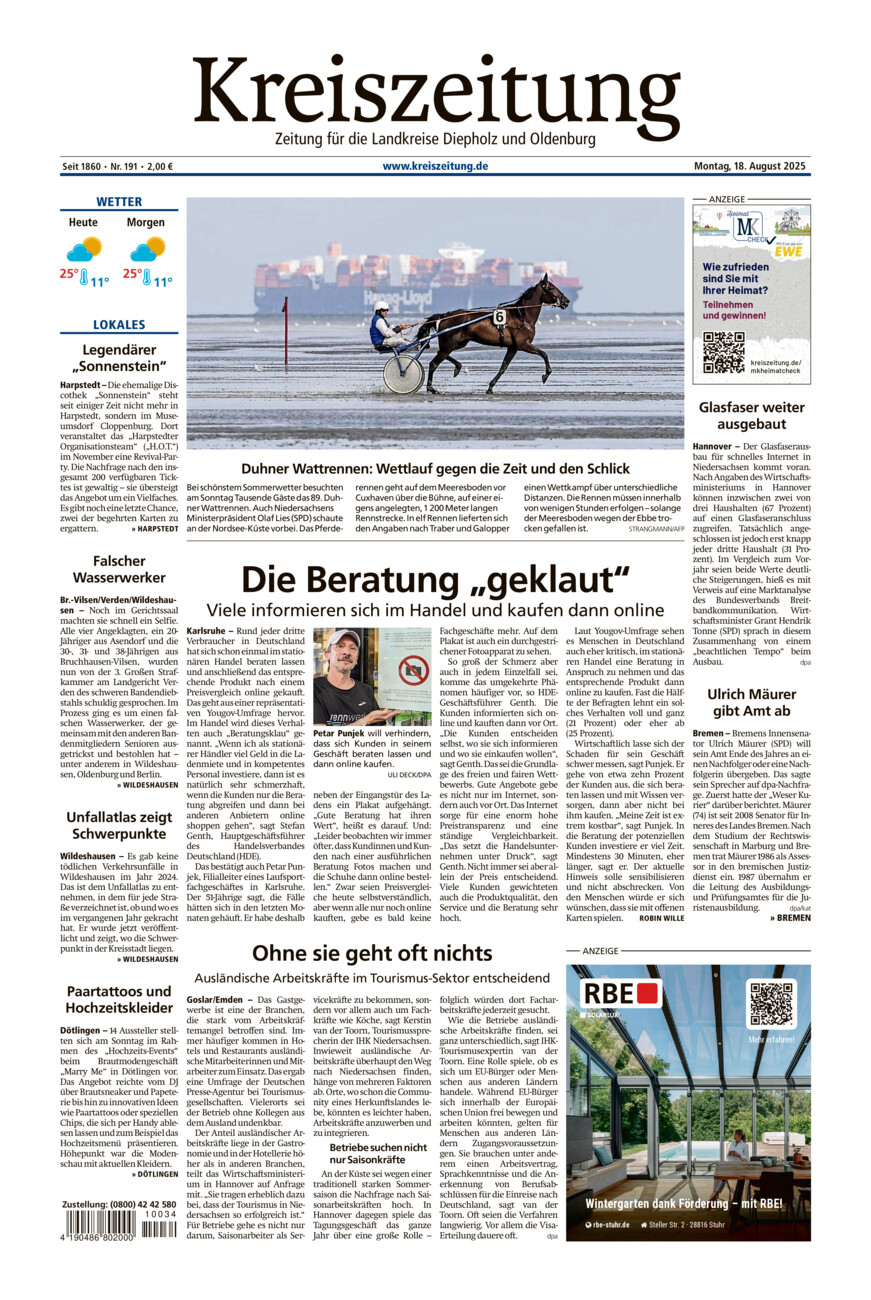 Kreiszeitung Kreis Oldenburg vom Montag, 18.08.2025