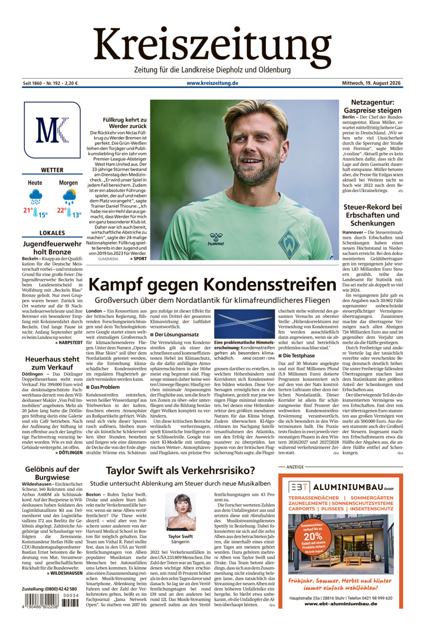 Kreiszeitung Kreis Oldenburg vom Mittwoch, 19.08.2026