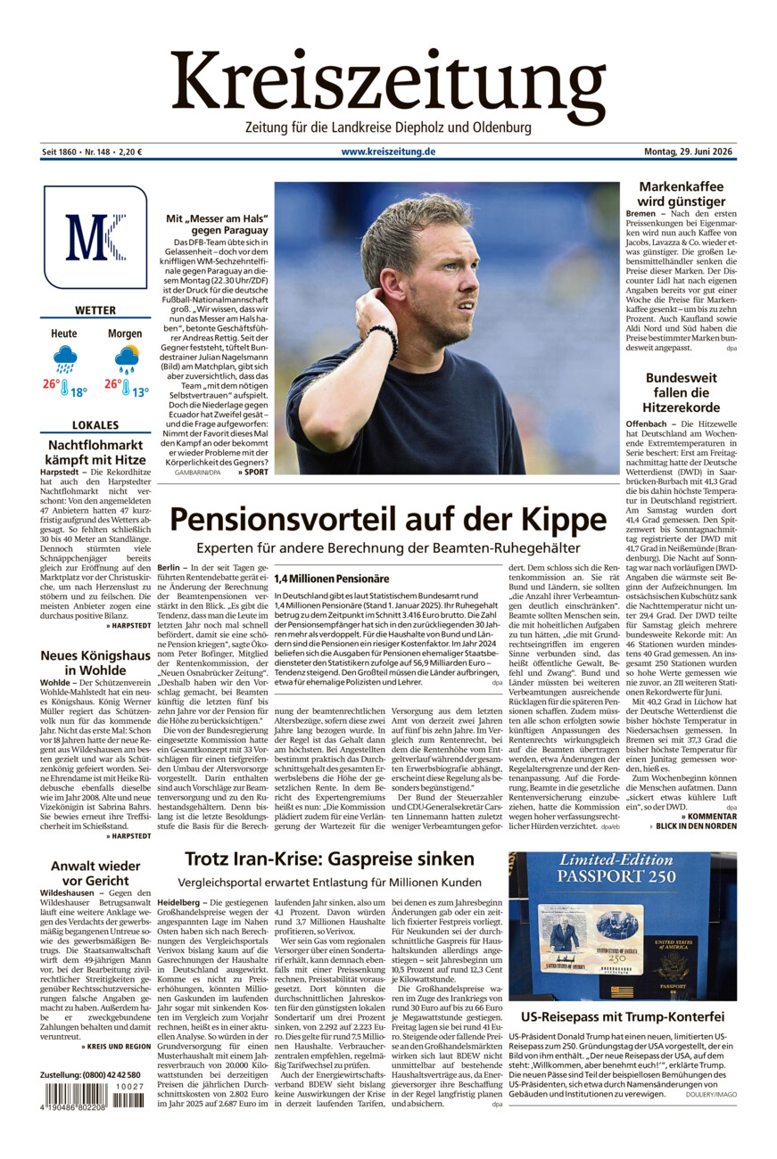 Kreiszeitung Kreis Oldenburg vom Montag, 29.06.2026