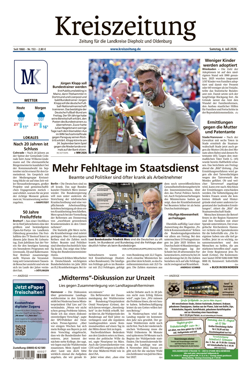 Kreiszeitung Kreis Oldenburg vom Samstag, 04.07.2026
