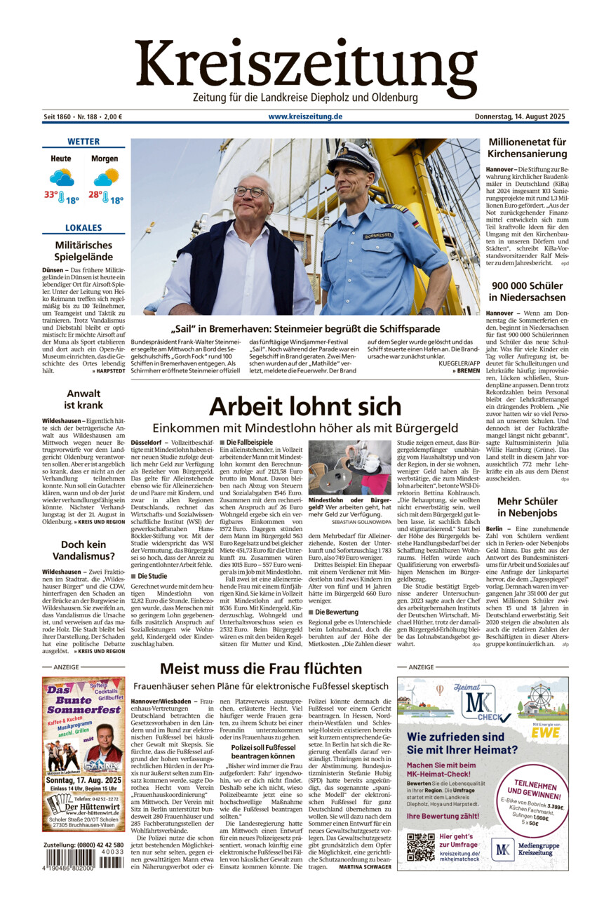Kreiszeitung Kreis Oldenburg vom Donnerstag, 14.08.2025