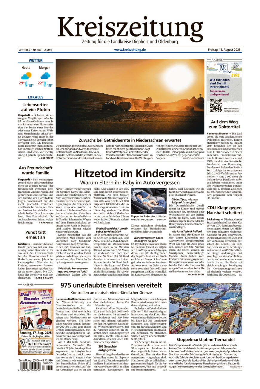 Kreiszeitung Kreis Oldenburg vom Freitag, 15.08.2025
