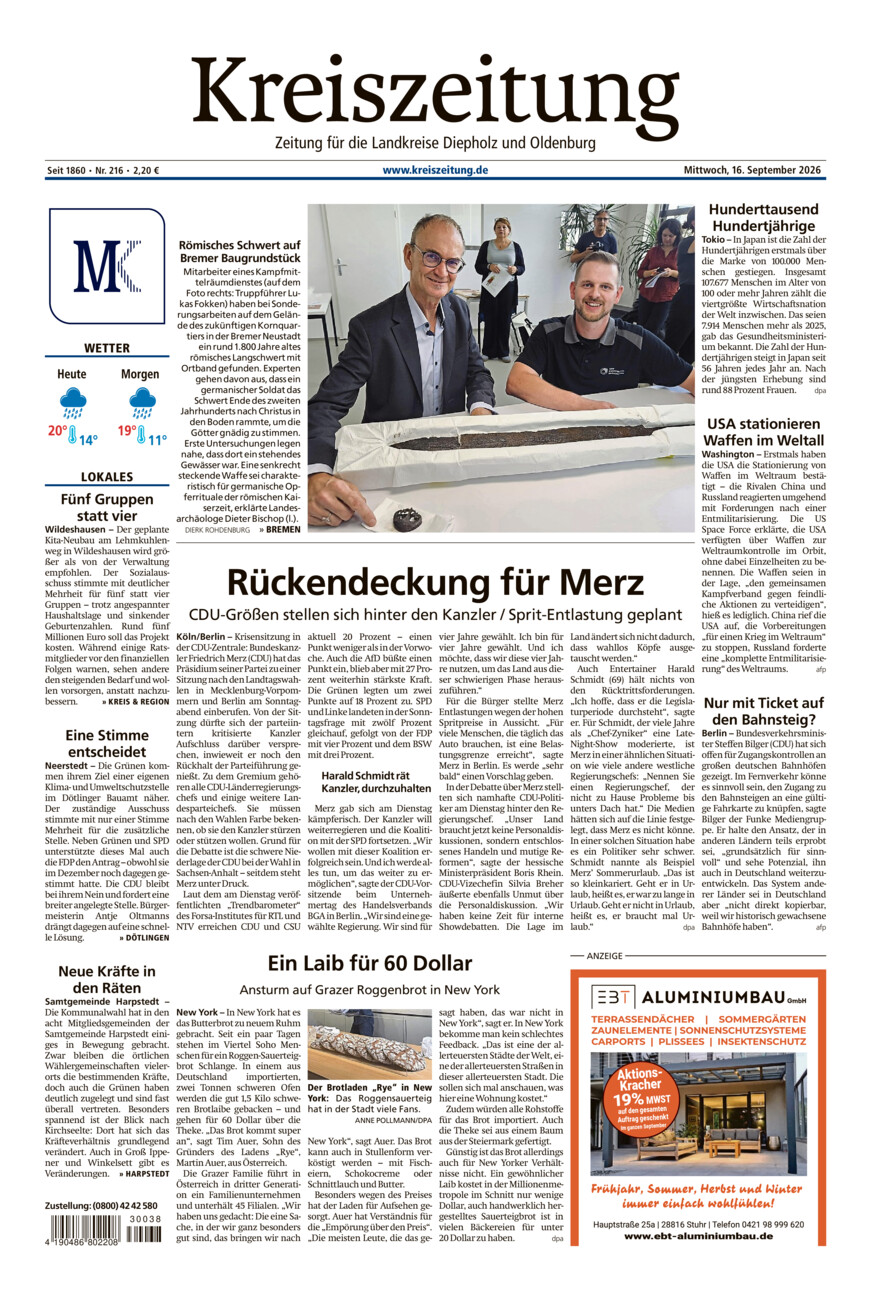 Kreiszeitung Kreis Oldenburg vom Mittwoch, 16.09.2026