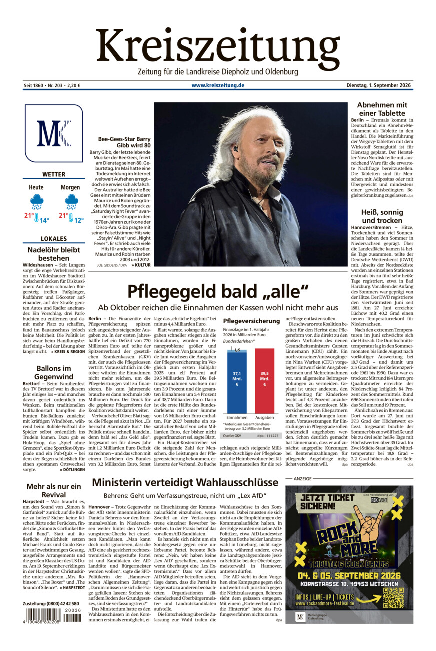 Kreiszeitung Kreis Oldenburg vom Dienstag, 01.09.2026