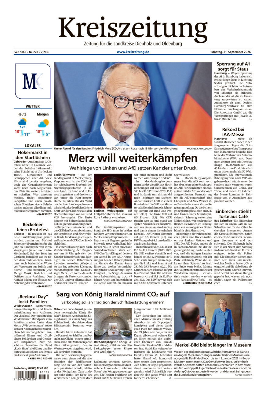 Kreiszeitung Kreis Oldenburg vom Montag, 21.09.2026
