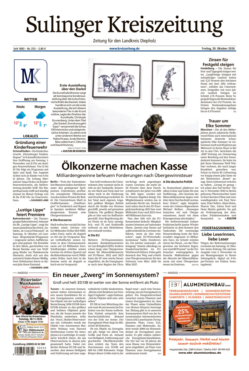 Sulinger Kreiszeitung vom Freitag, 30.10.2026