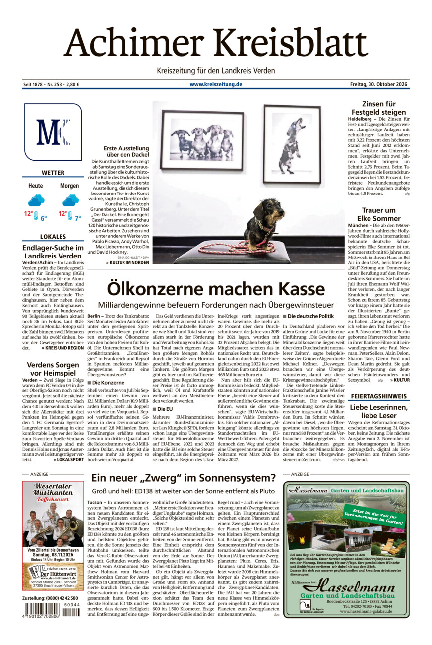 Achimer Kreisblatt vom Freitag, 30.10.2026