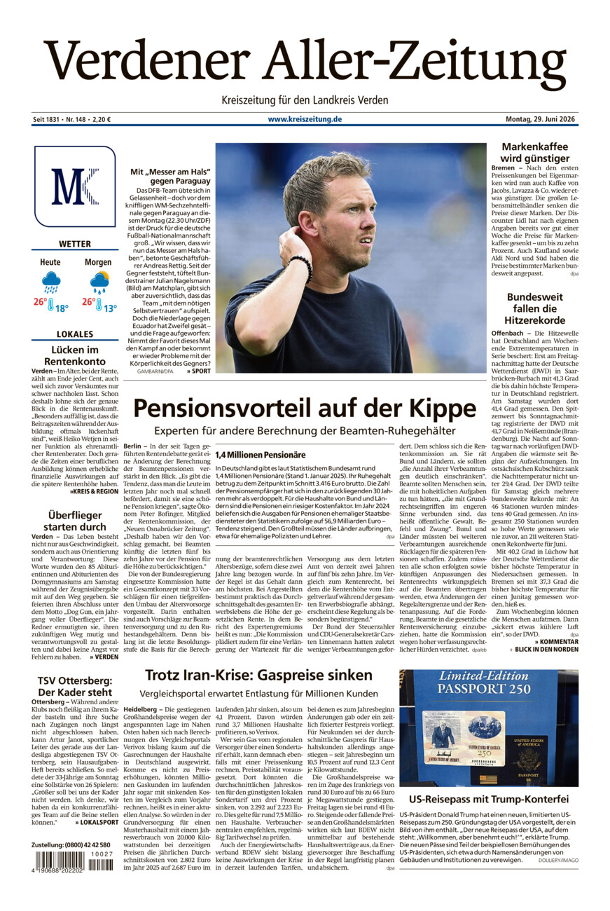Verdener Aller-Zeitung vom Montag, 29.06.2026