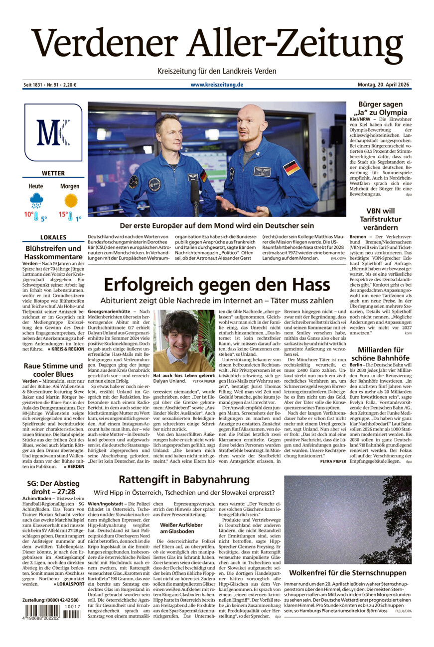 Verdener Aller-Zeitung vom Montag, 20.04.2026