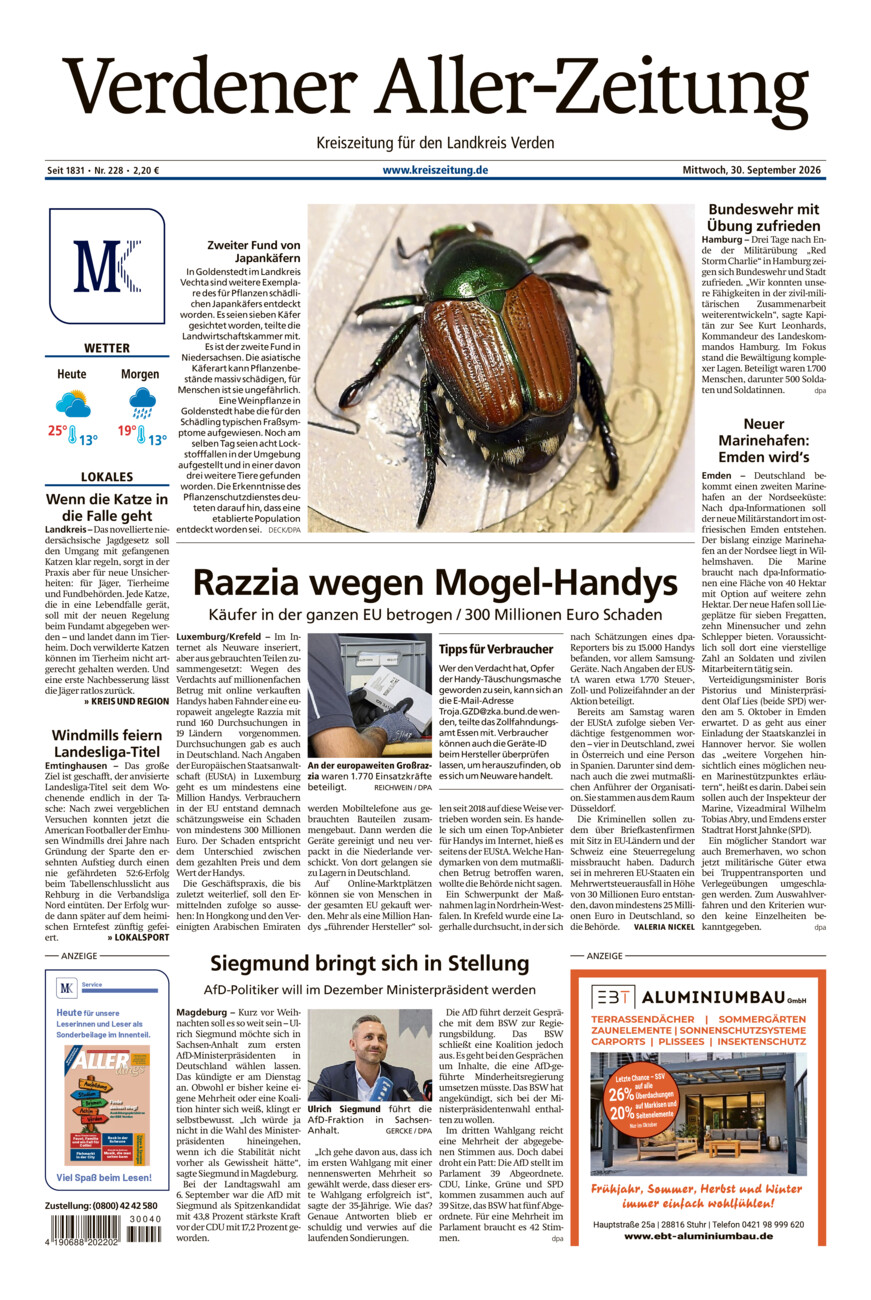 Verdener Aller-Zeitung vom Mittwoch, 30.09.2026