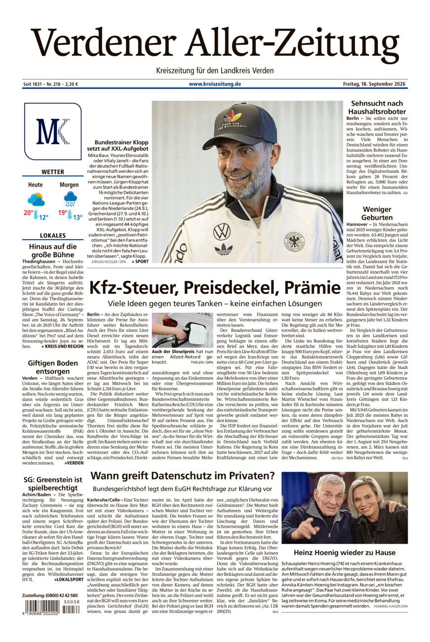 Verdener Aller-Zeitung vom Freitag, 18.09.2026