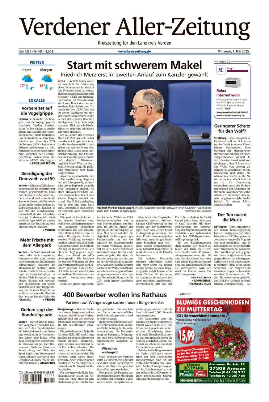 Verdener Aller-Zeitung vom Mittwoch, 07.05.2025