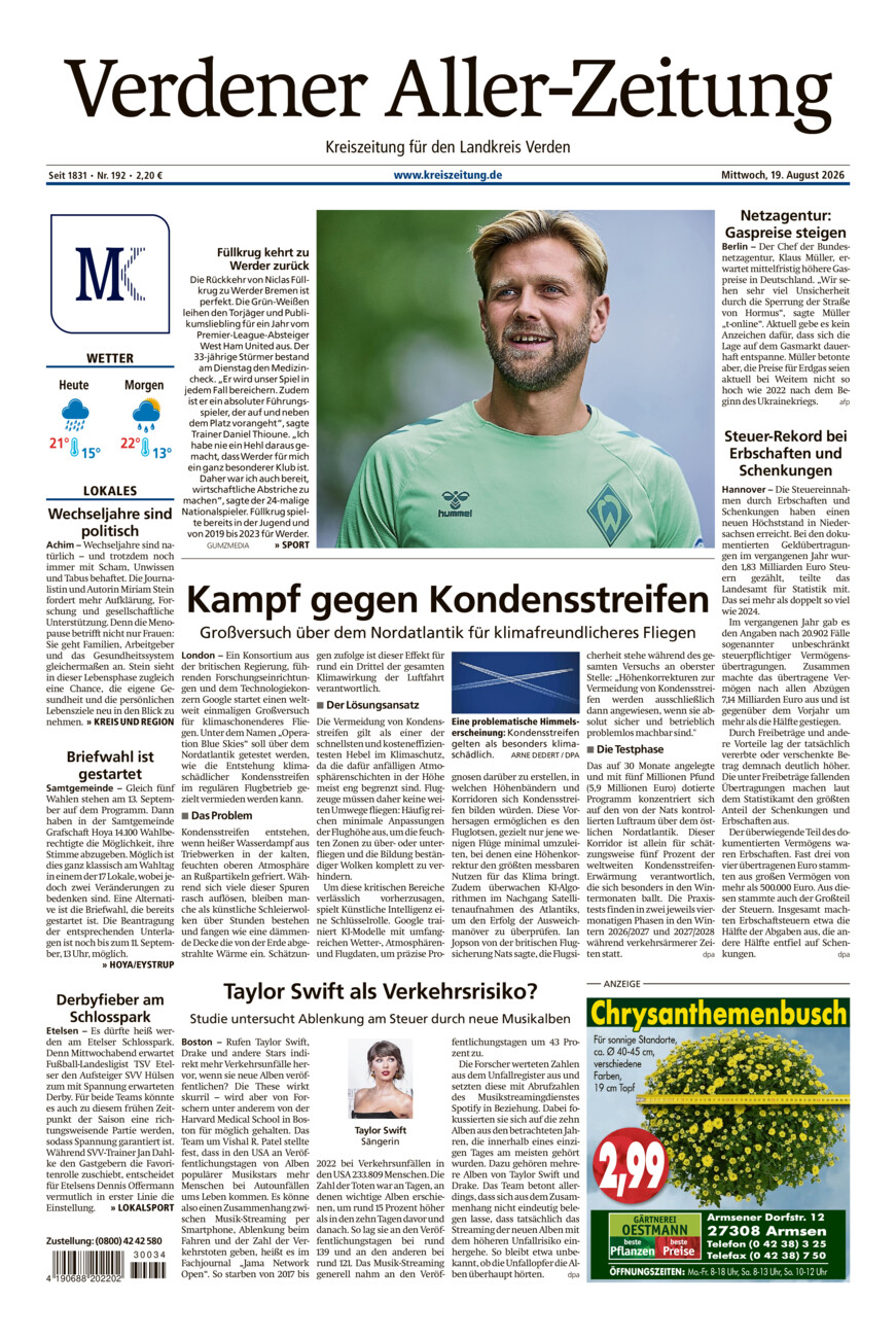Verdener Aller-Zeitung vom Mittwoch, 19.08.2026