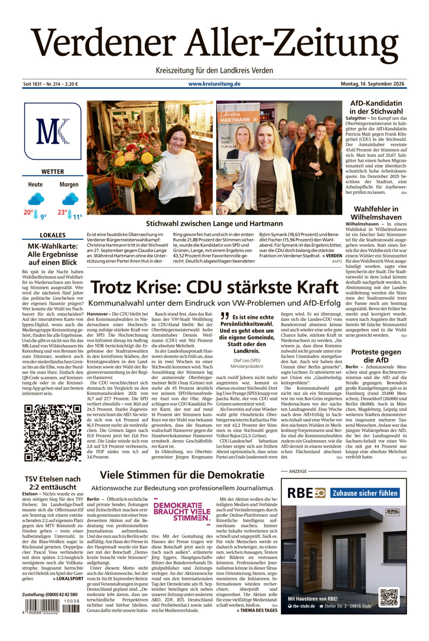 Verdener Aller-Zeitung vom Montag, 14.09.2026