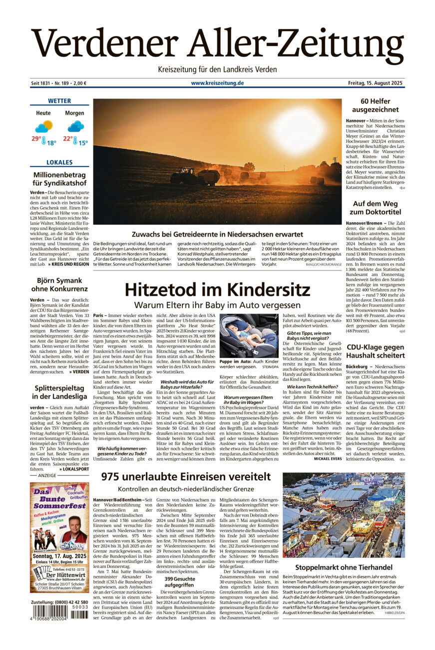 Verdener Aller-Zeitung vom Freitag, 15.08.2025