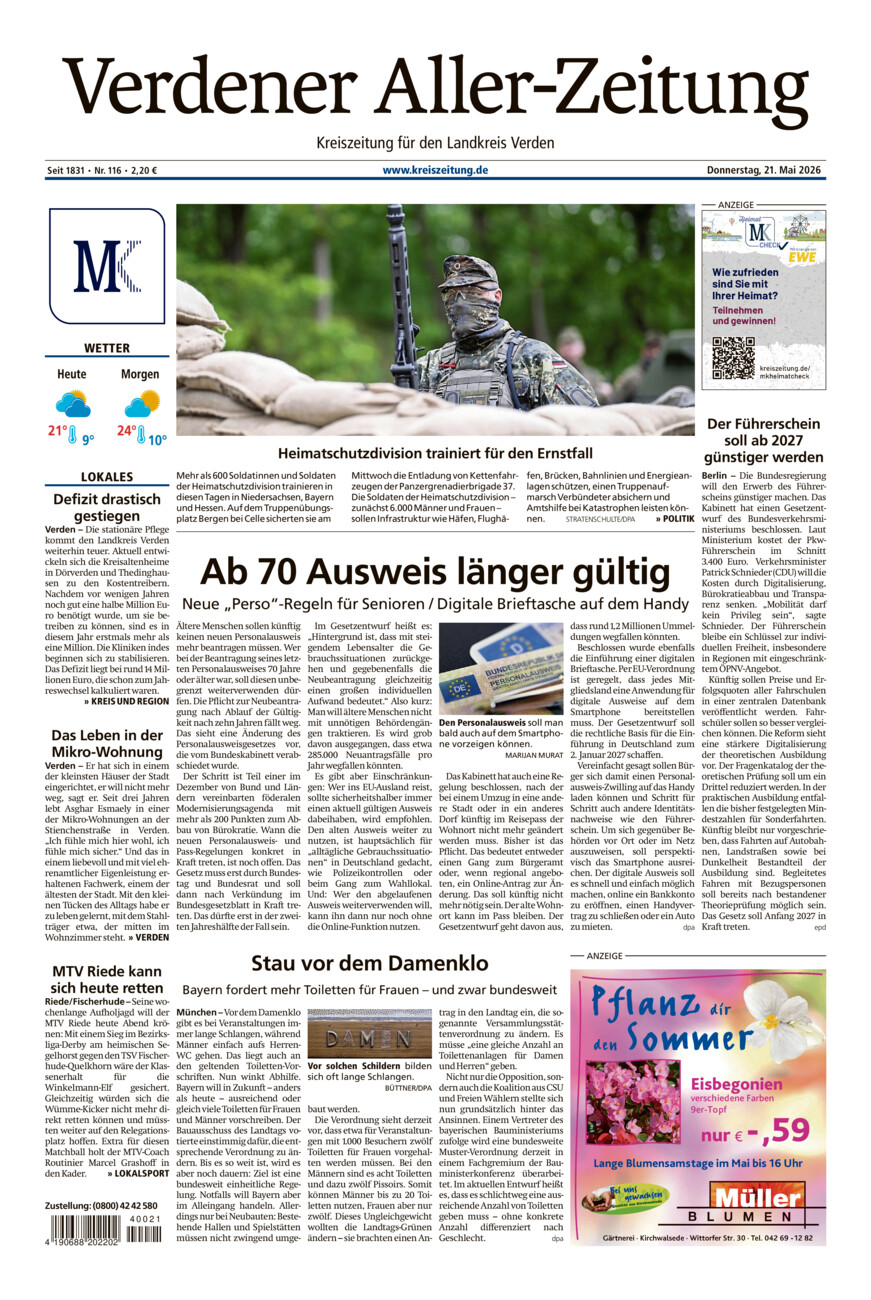Verdener Aller-Zeitung vom Donnerstag, 21.05.2026