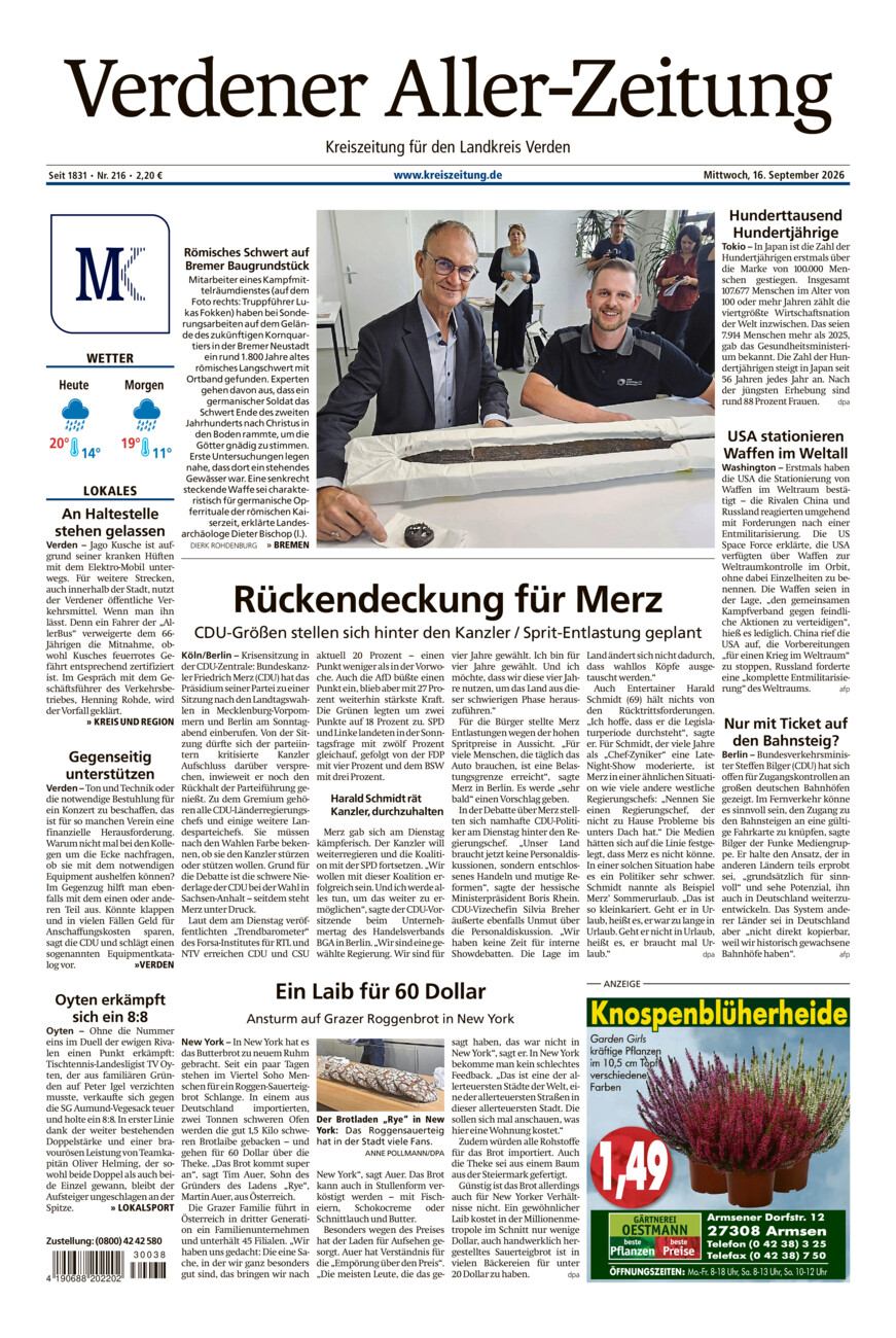 Verdener Aller-Zeitung vom Mittwoch, 16.09.2026