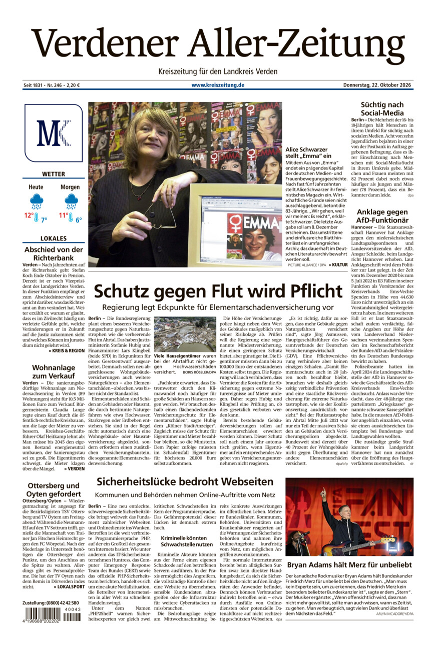 Verdener Aller-Zeitung vom Donnerstag, 22.10.2026