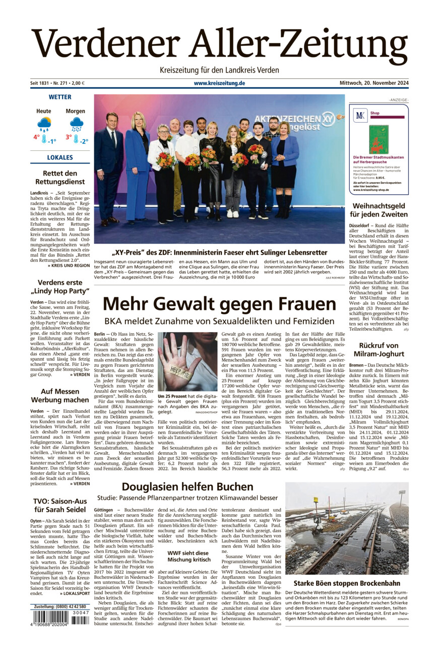 Verdener Aller-Zeitung vom Mittwoch, 20.11.2024