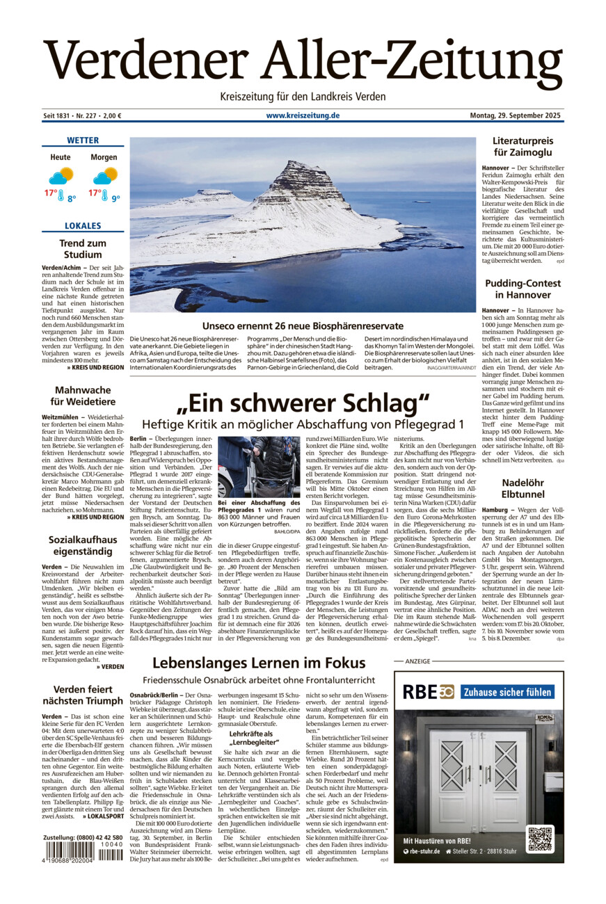 Verdener Aller-Zeitung vom Montag, 29.09.2025