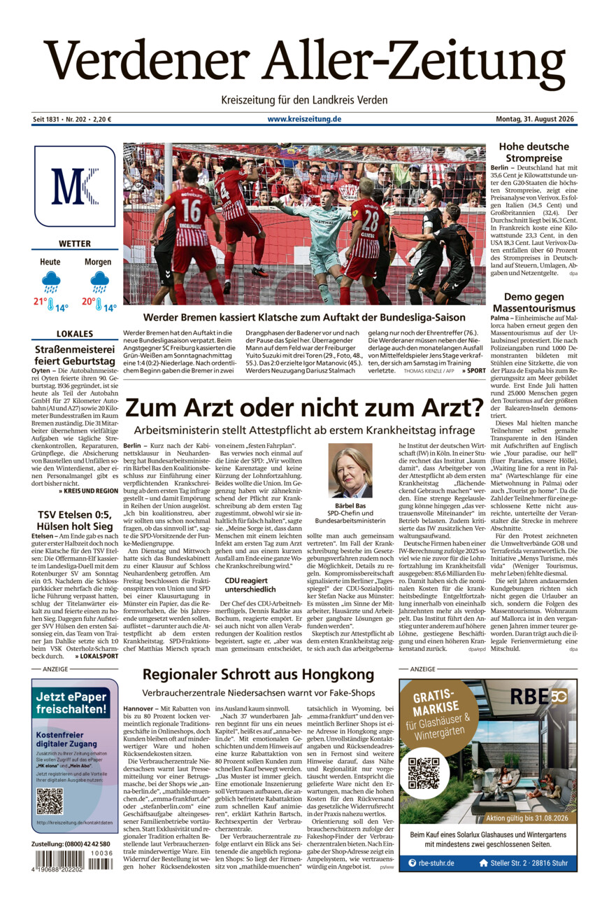 Verdener Aller-Zeitung vom Montag, 31.08.2026