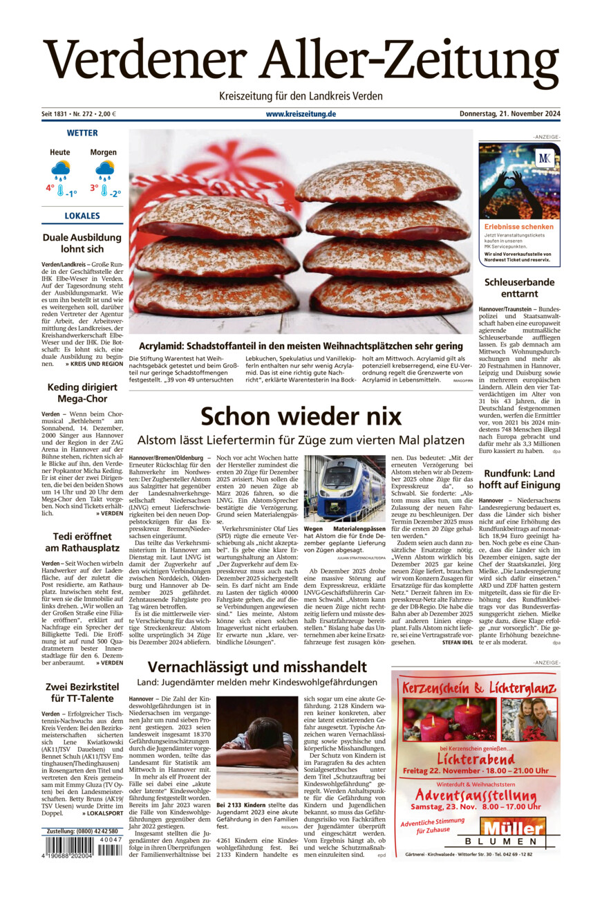 Verdener Aller-Zeitung vom Donnerstag, 21.11.2024